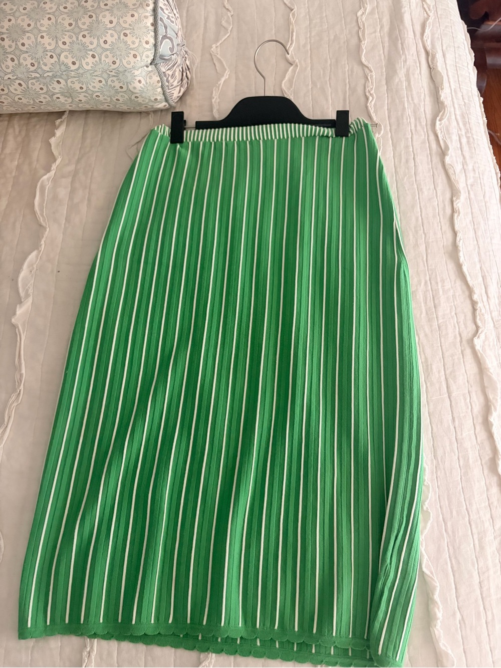 Maeve Green and White Vertical-Strip Midi Skirt